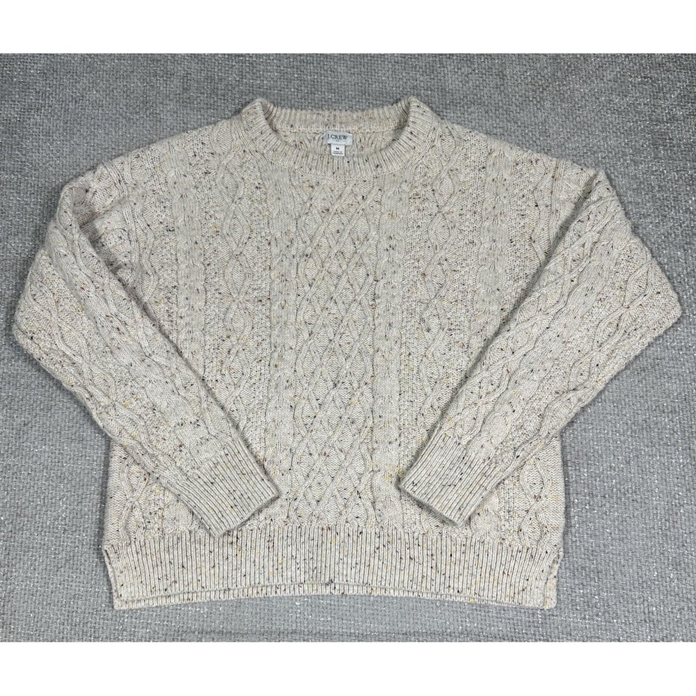 J Crew Sweater Womens Medium Beige Speckled Cable Knit Fisherman Preppy